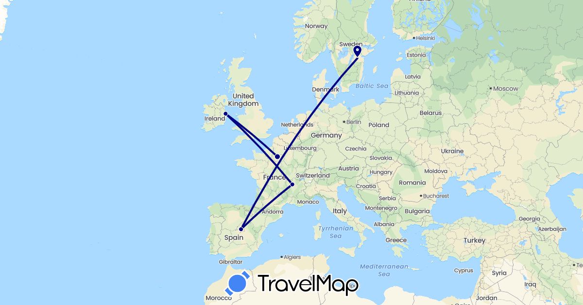 TravelMap itinerary: driving in Spain, France, Ireland, Sweden (Europe)